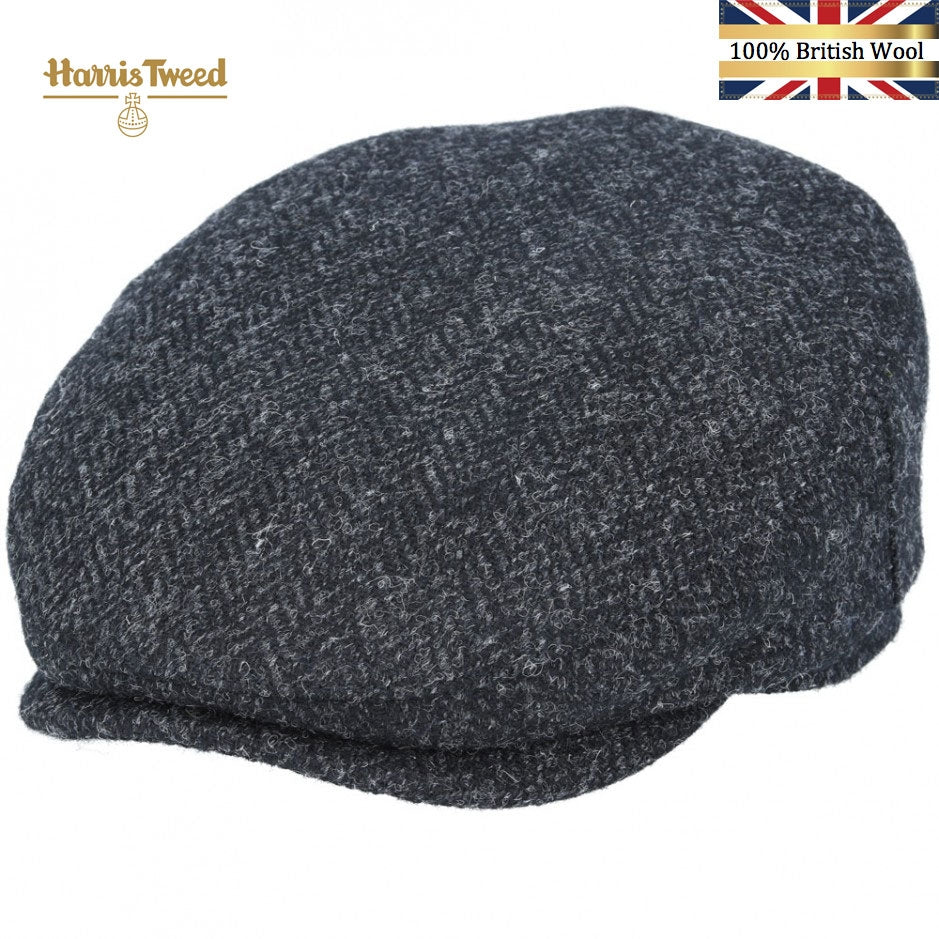 Harris Tweed 100% British Wool Herringbone Flat Cap - Black-Charcoal