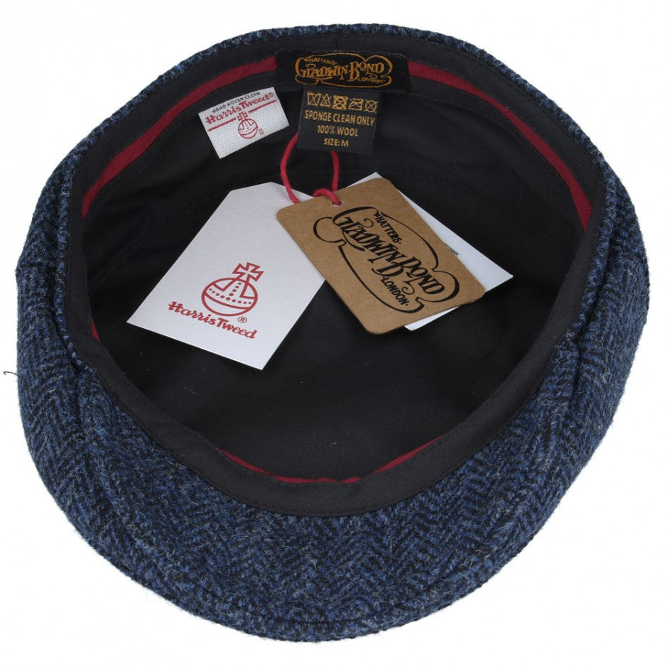 Harris Tweed 100% British Wool Herringbone Flat Cap Navy-Blue