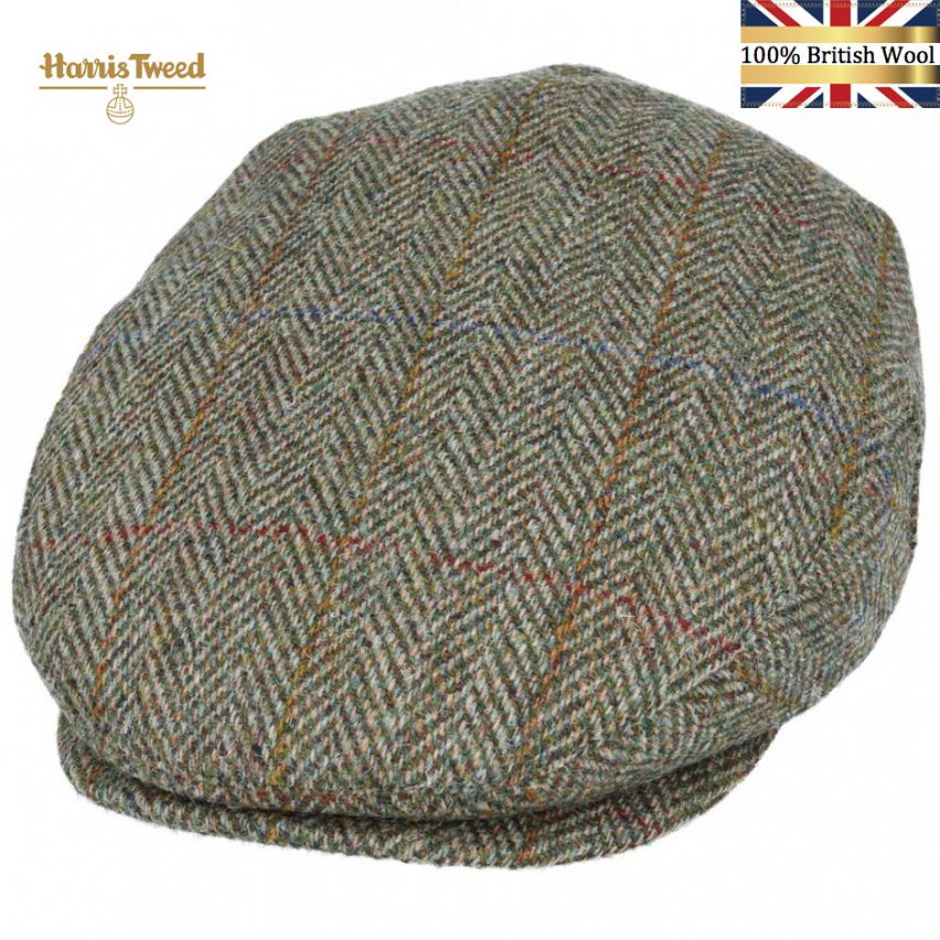 Harris Tweed 100%  British Wool Herringbone Check Flat Cap - Green