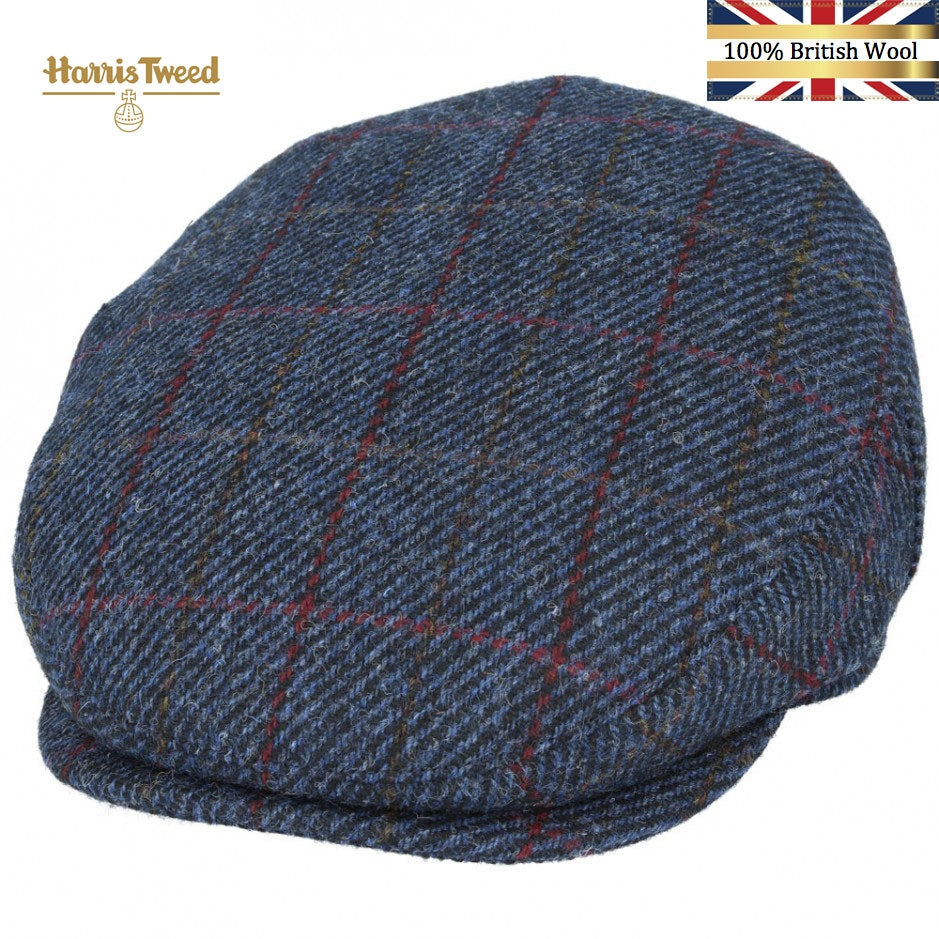 Harris Tweed 100% British Wool Check Tweed Flat Cap - Navy