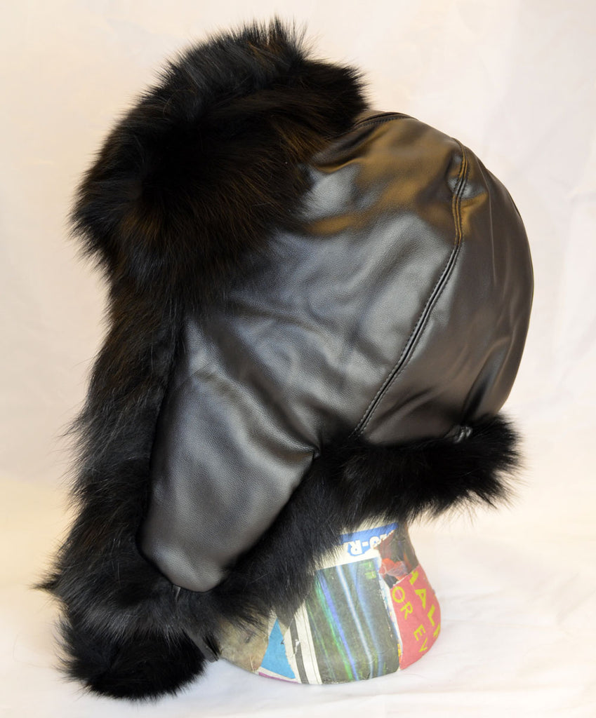 Black 100% Real Fox Fur Trapper Hat Top PVC Unisex - Adjustable