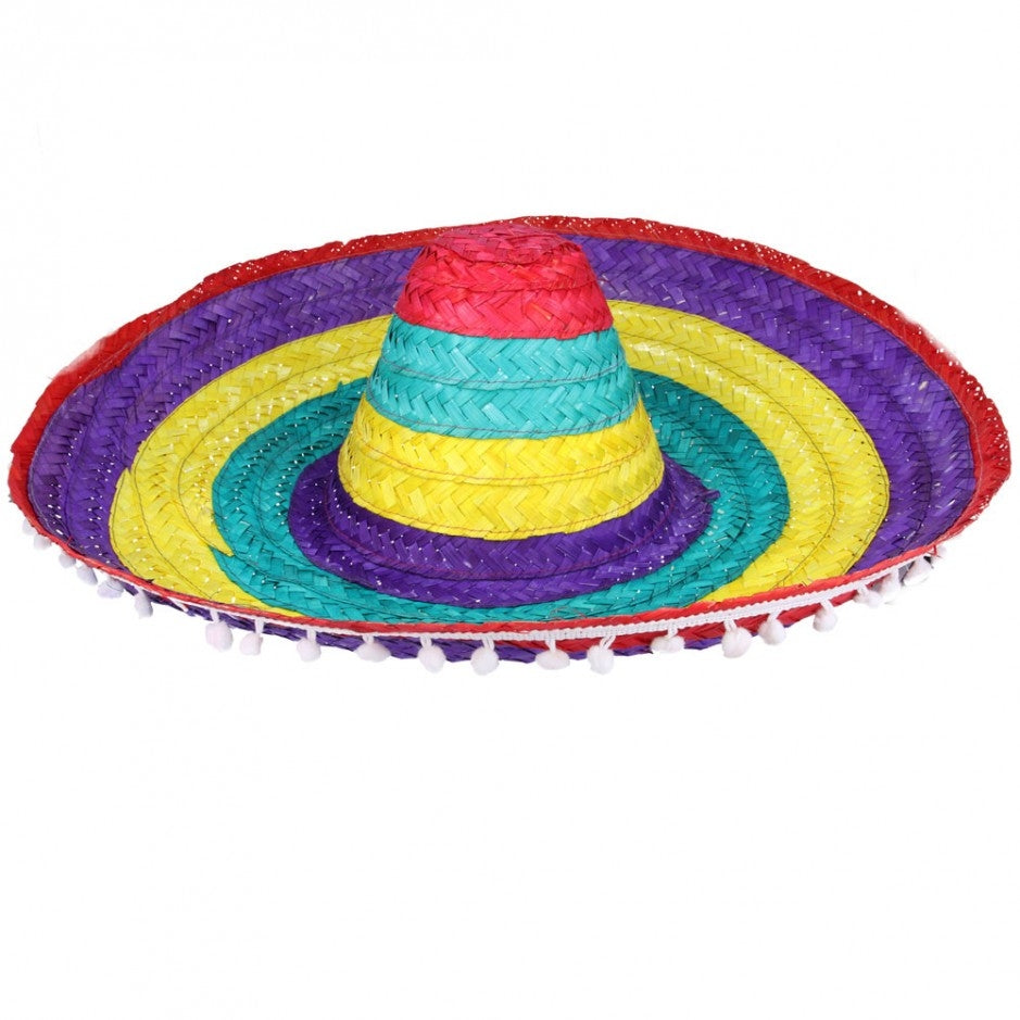 Maz Mexican Sombrero Pom Poms Wild Western Straw Hat - Multi Color