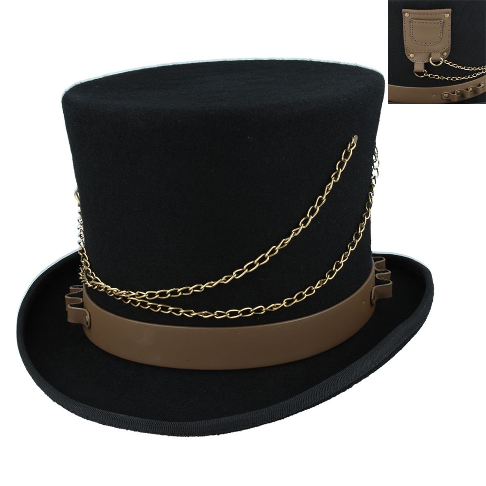 Gothic Victorian Steampunk Top Hat With Laced Brown Leather Look Band - Black